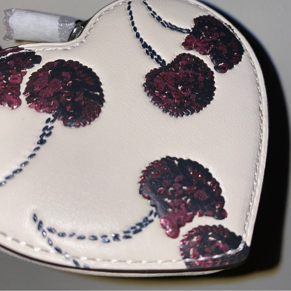 Coach 🍒 Heart Bag Charm With Cherry Print Chalk multi New